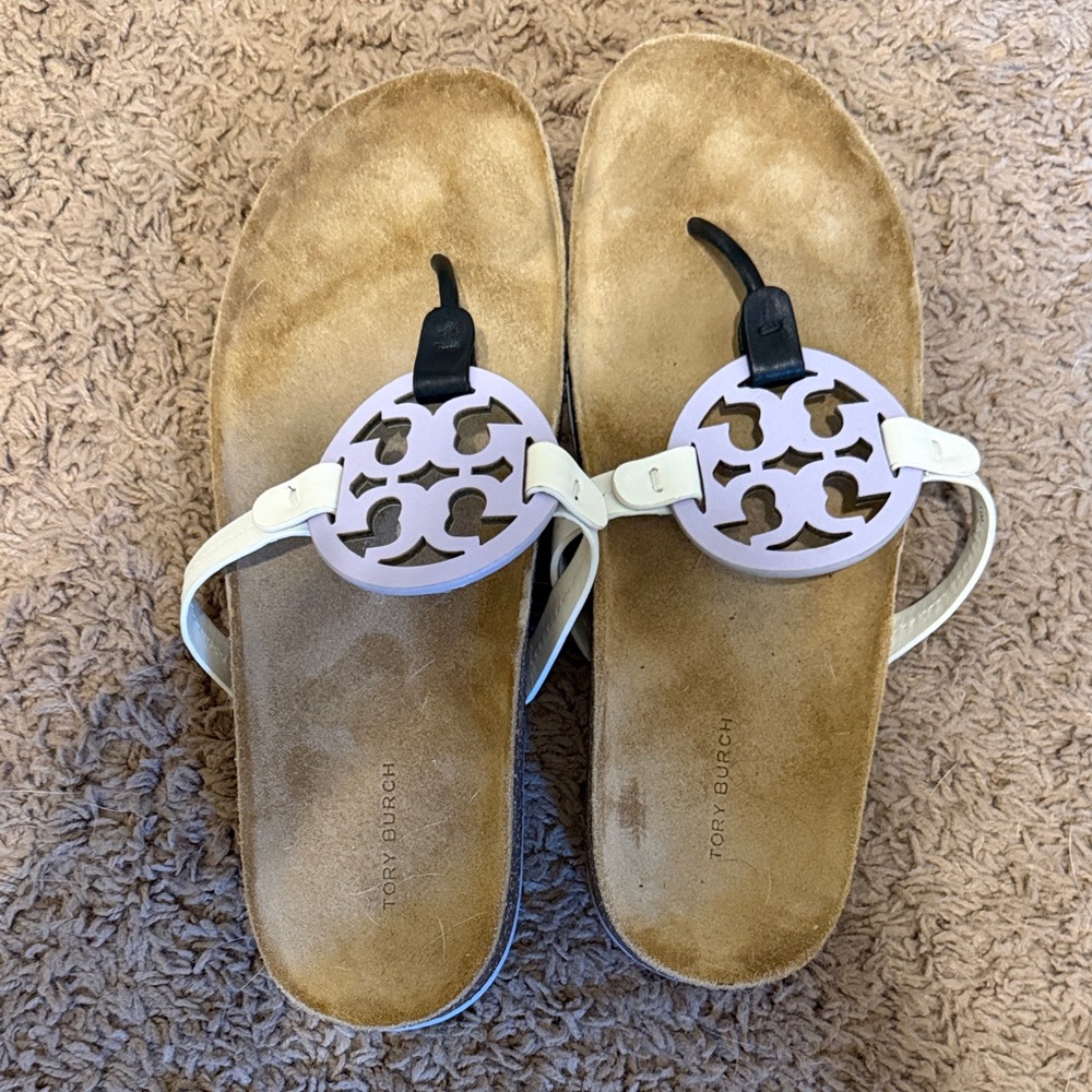 Size 11 Tory Burch White Sandals with Lavender Logo Medallions